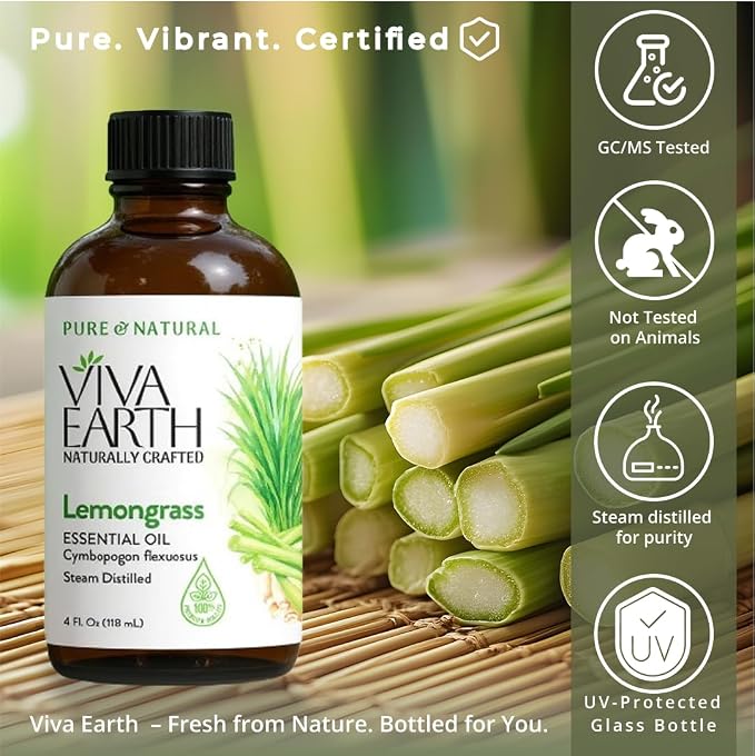 Lemongrass Essential Oil – 100% Pure and Natural Lemongrass Essential Oil for Diffuser, Aromatherapy, Citrus-Fresh Aroma for Hair and Skin Care, Soap and Candle Making – with Dropper, 4 oz