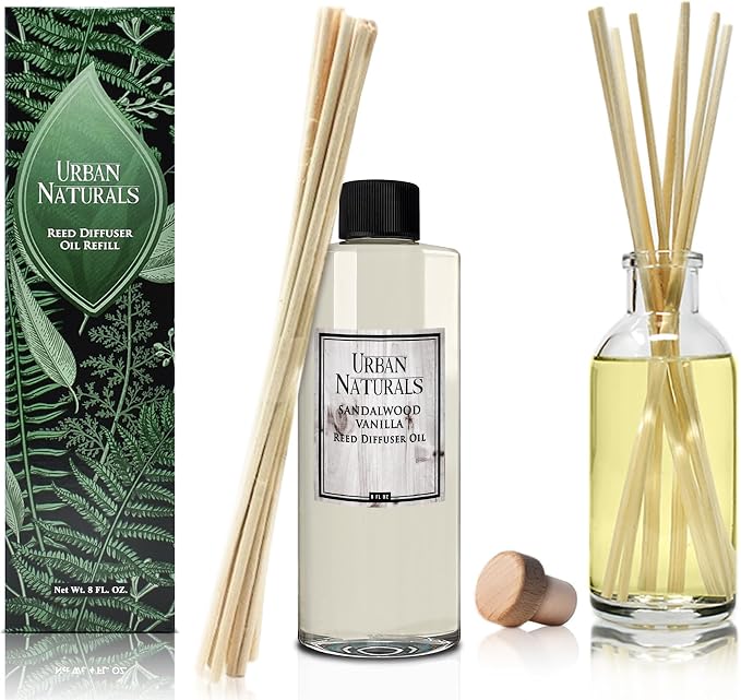 Urban Naturals Reed Diffuser Oil Refill Sandalwood Vanilla with Tahitian Vanilla, Bourbon Notes 8 oz + Free Reed Sticks, Made in the USA