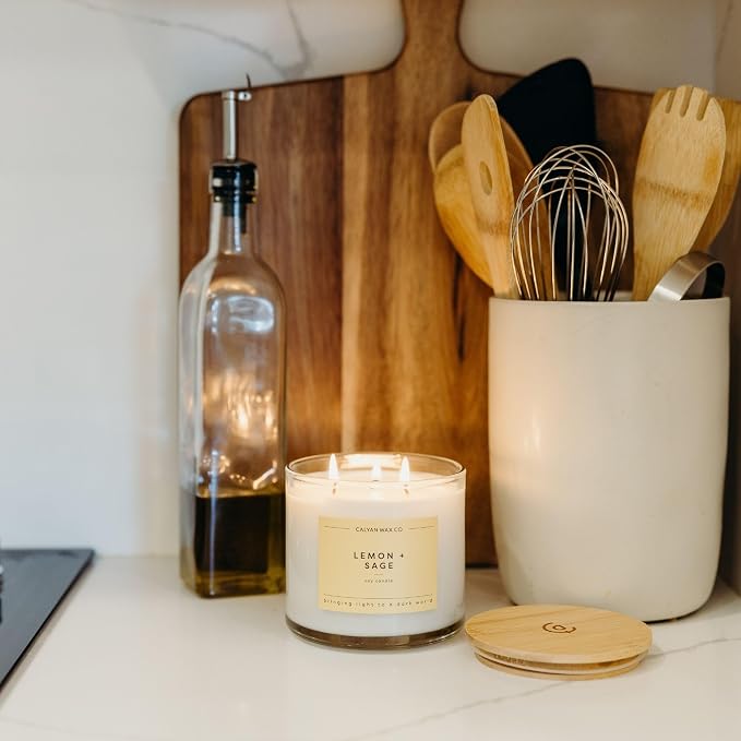 Calyan Wax Co. Lemon & Sage 3 Wick Scented Candle - 43 Hour Burn - Luxury 3 Wick Soy Candles - Soy Wax Candles - Long Lasting Large Glass Jar Candle for Home - 14.9oz