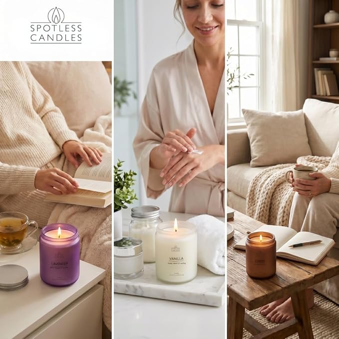 Aromatic Candles Three Pack - 3 x 8 oz Cotton Wick Candles Coloured Fosted Jars - Vanilla, Lavender and Coffee, Classic Candle Set for Men and Women by Spotless Leopard