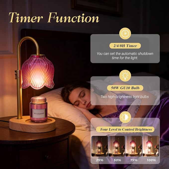 Candle Warmer Lamp with Adjustable Height - Flameless 4-Level Dimmable Wax Warmer, Timer Function & Stylish Design in Multiple Colors (Pink07)