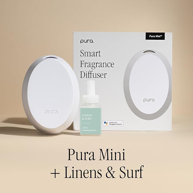 Pura Home Mini Fragrance Diffuser for Small Spaces Adjustable Smart Home Device with LED Light & Automatic Vial Detection - Includes 1 Scent Refill - Linens & Surf