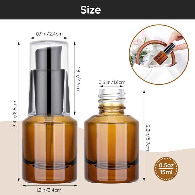 Segbeauty 0.5oz Glass Refillable Travel Bottles, 3pcs Lotion Pump Bottle Dispenser, 15ml Amber Mini Travel Containers for Creams, Lotion Dispenser with Pump, Small Sample Bottle Liquid Container