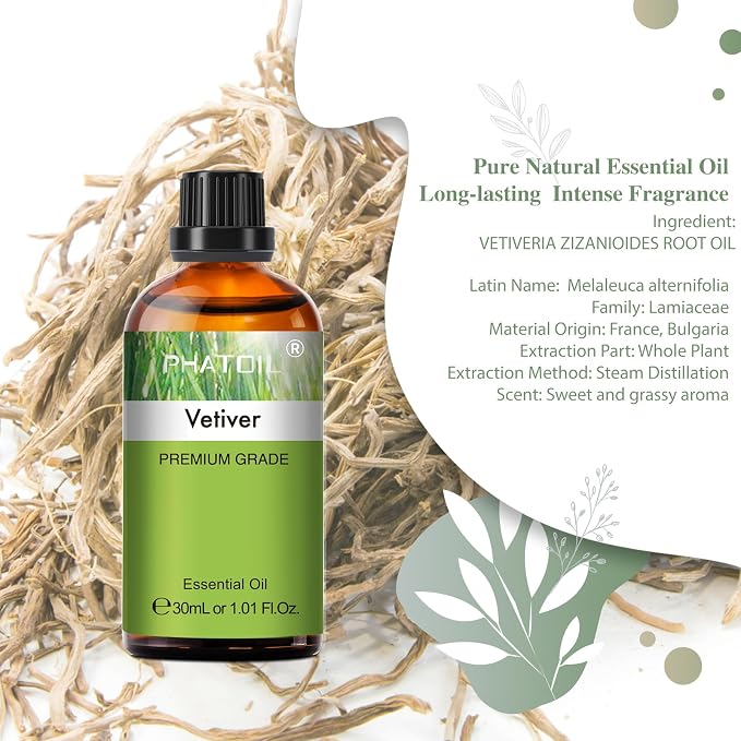 Vetiver Essential Oil, 1.01Fl.Oz (30ML) PHATOIL Pure Essential Oil Singles for Aromatherapy Diffusers, Humidifiers, Great for DIY Candle and Soap Making, Gift for Friend