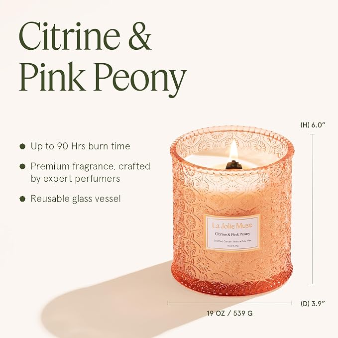 LA JOLIE MUSE Citrine Pink Peony Scented Candles for Home,19 oz Natural Soy | Large Jar Luxury Candle, Clean Non Toxic Wax, Gifts for Women, Decorative Candles for Candle Warmer, Wood Wick, Floral Citrus