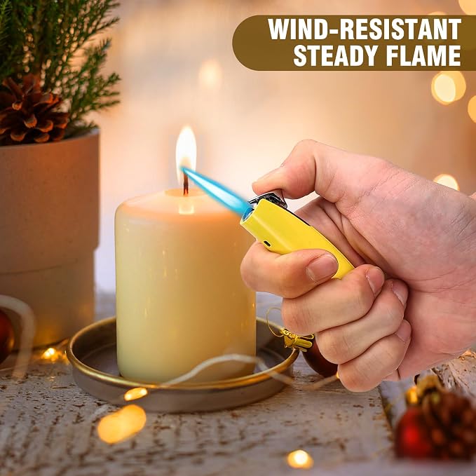 Women's Mini Butane Torch Lighter, Windproof Jet Flame Refillable Adjustable Candle Lighter for BBQ, Camping, Daily Use, Ideal Gift, 2 Pack (Yellow, Butane Not Included)