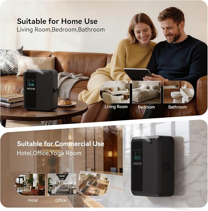 Waterless Essential Oil Diffuser 500ml, Bluetooth APP Control Cold Air Scent Machine, Wall Mounted Large Room Diffuser, 2000 sq ft Coverage, Black