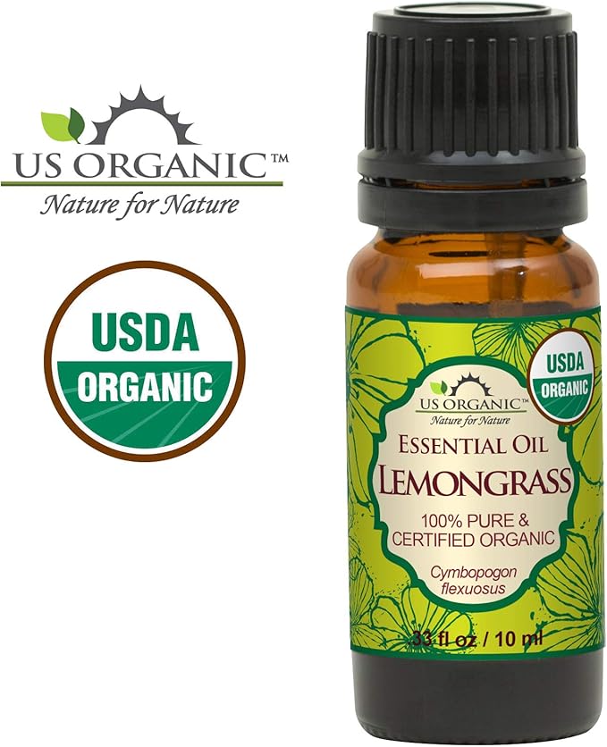 US Organic 100% Pure Lemongrass Essential Oil, USDA Certified Organic, Extracted by Steam Distillation Method, for Hair, Nail Polish Remover, Bees Attraction, and More. 10 ml