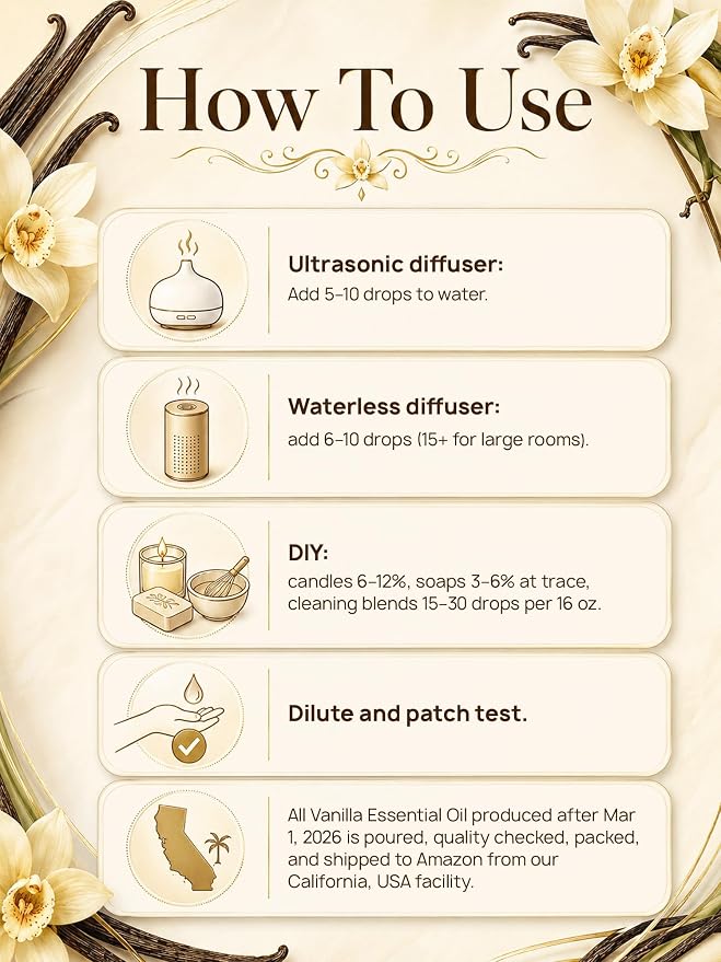 Vanilla Essential Oil, Warm & Cozy Vanilla Scent | For Diffusers, Home Fragrance and Aromatherapy, Skin Care, Home Care and Candle Making
