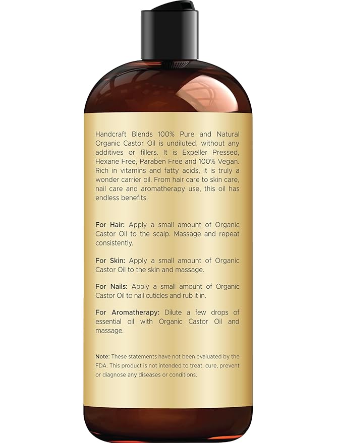 Handcraft Blends Organic Castor Oil 16 Fl Oz | 100% Pure and Natural | Premium Grade Carrier Oil | Hair, Eyelashes and Eyebrows | Hair and Body | Expeller-Pressed | Hexane-Free