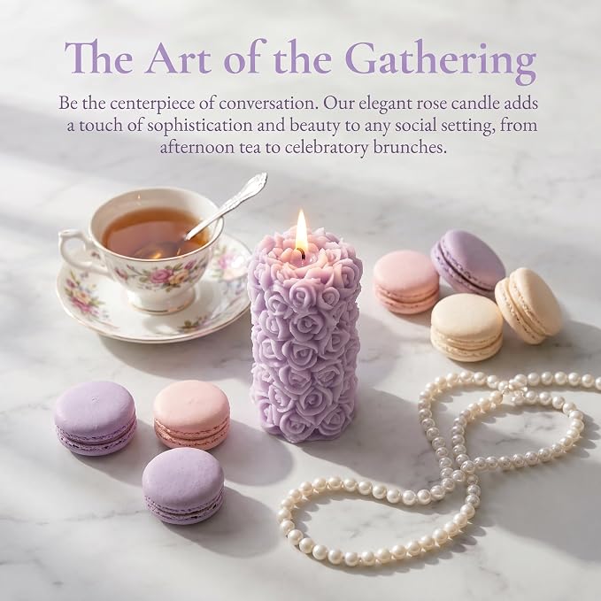 Rose Flower Engraved Scented Candle,Purple Rose Cluster Design,Floral Soy Wax Aroma Decorative Pillar Candle for Valentine's Day,Birthdays & Aesthetic Spaces