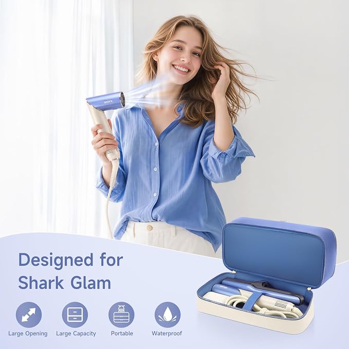 Travel Hair Dryer Case for Shark Glam, Portable Hair Tools Bag for Shark FlexFusion, Double-Layer Carrying Case for FlexStyle Blow Dryer, Silki & Glossi Attachment Holder (Periwinkle&Buttercream)