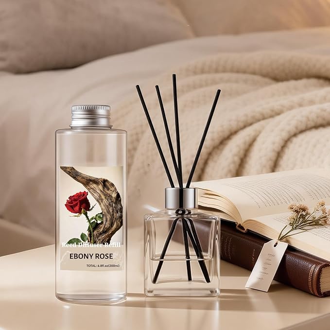 STRN Reed Diffuser Oil Refill, Ebony Rose Scented Diffuser Oil Refills with 6 Reed Sticks 200ML(6.8fl.oz), Room Fresheners for Home, Long-Lasting Summer Fragrance for Living Room, Bedroom, Office