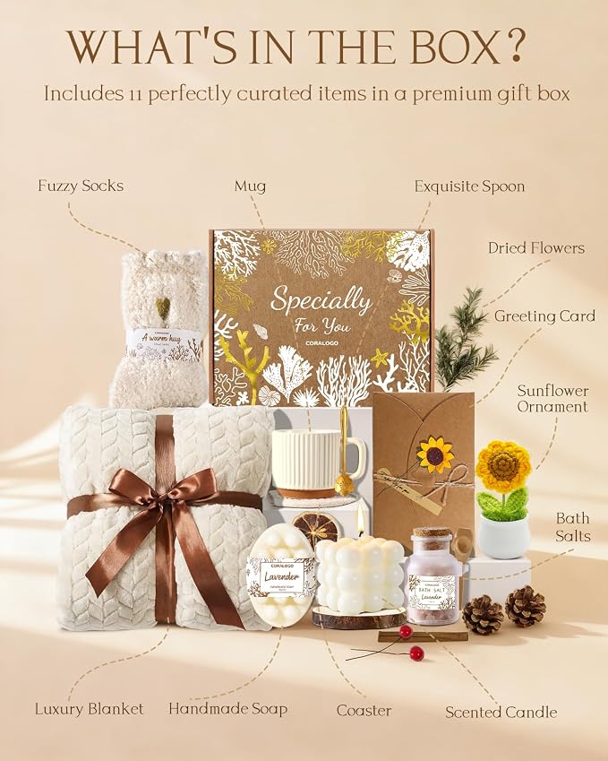 Spa Gift Baskets for Women - Birthday Gift Basket, Get Well Soon, Self Care, Relaxing Sunflower Package, 11pcs Spa Sets with White Blanket, Luxury Gifts for Her Anniversary Mothers Day
