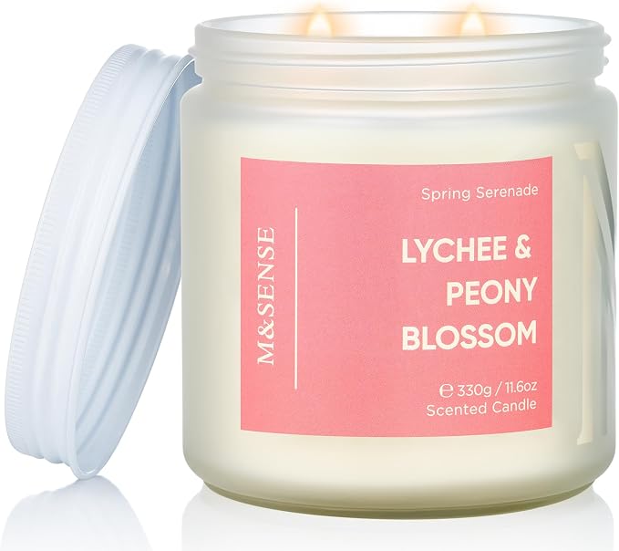 M&SENSE Lychee Peach Blossom Scented Candle, 70-Hour Burn Time & Non-Toxic Natural Soy Wax, 11.6oz 2-Wick Candle for Stress Relief & Spring Home Refresh, Floral Fruity Gift for Mom