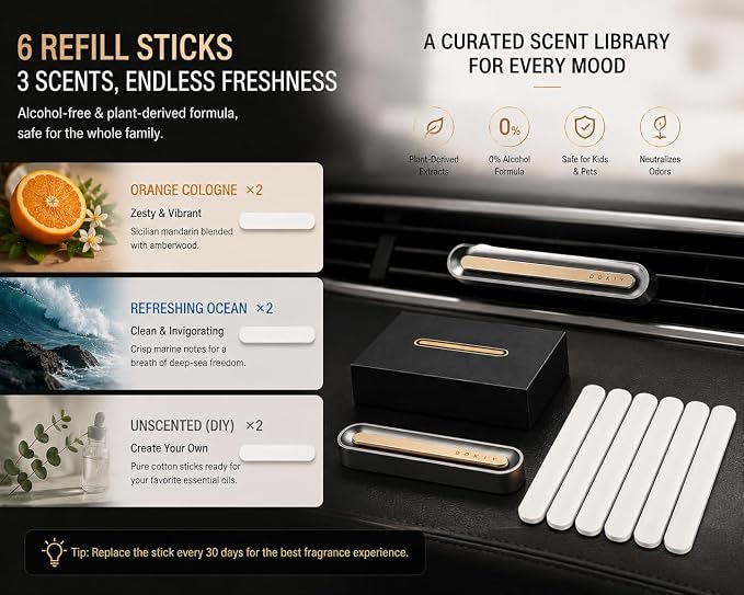 Slim Aviation Alloy Car Air Freshener, Universal Vent Clip Aroma Diffuser with 6 Refill Sticks - Orange Cologne & Ocean - Magnetic Metal Housing, Alcohol-Free Odor Neutralizer for All Standard Vents