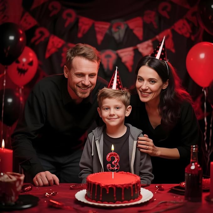 Red Number 3 Birthday Candle for Cake – Dark Horror Style with Alphabet Print & Shadow Design – Unique Cake Topper for Birthday, Anniversary, Themed Party Decoration