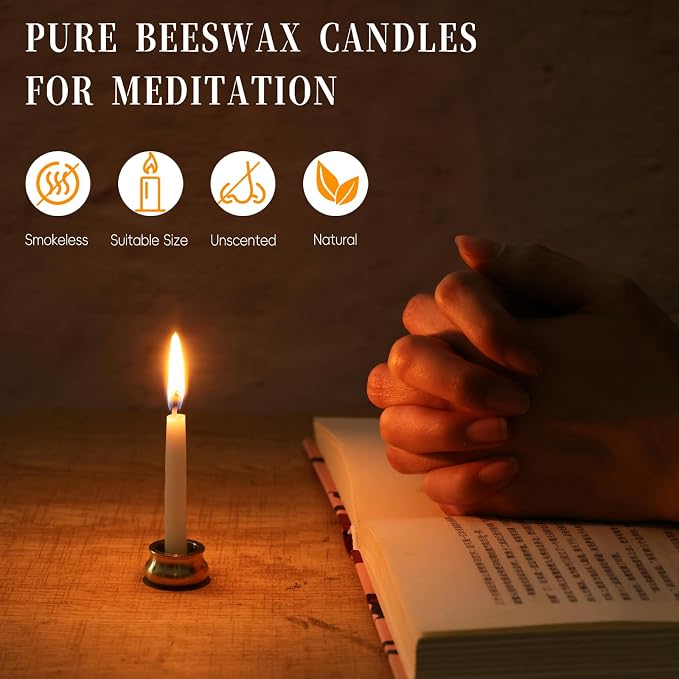 20 Minute Meditation Candles Beeswax Candles, 70Pcs White Beeswax Taper Candles with Brass Candle Holders, Prayer Candle for Yoga Bible Mindfulness Relaxation Spa