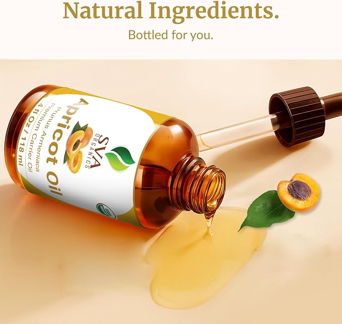SVA Apricot Seed Oil Organic - 4 Fl Oz – 100% Natural Cold Pressed Organic Apricot Oil - for Face, Skin Care, Hair Care, Scalp Massage & Body Massage – Carrier Oil with Dropper