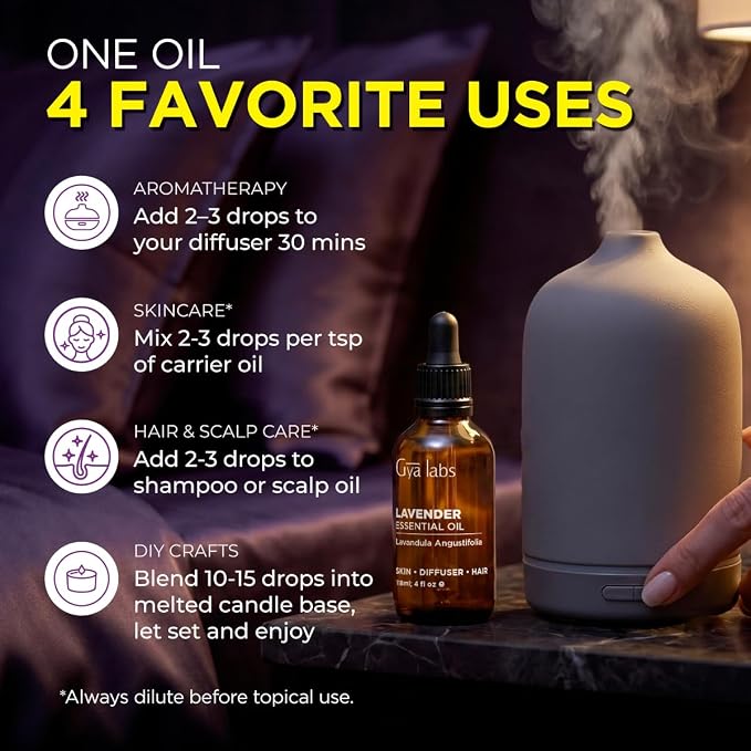 100% Pure Lavender Essential Oil - 4 Fl Oz - Lavender Oil for Hair, Skin, Diffuser, Aromatherapy & DIY Candle Making Scent