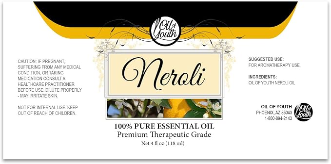 Oil of Youth Neroli Essential Oil Therapeutic Grade 4 fl oz with Dropper for Aromatherapy, Diffuser, Massage, Perfume, and Relaxation