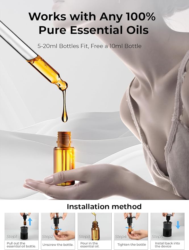 Waterless Essential Oil Diffuser: 𝟗 𝐂𝐨𝐥𝐨𝐫𝐬 𝐋𝐄𝐃 Scent Diffuser for Home&Car&Office - Portable Diffuser with 48H Battery, 4 Timers & 3 Mist Levels, Carbon Black