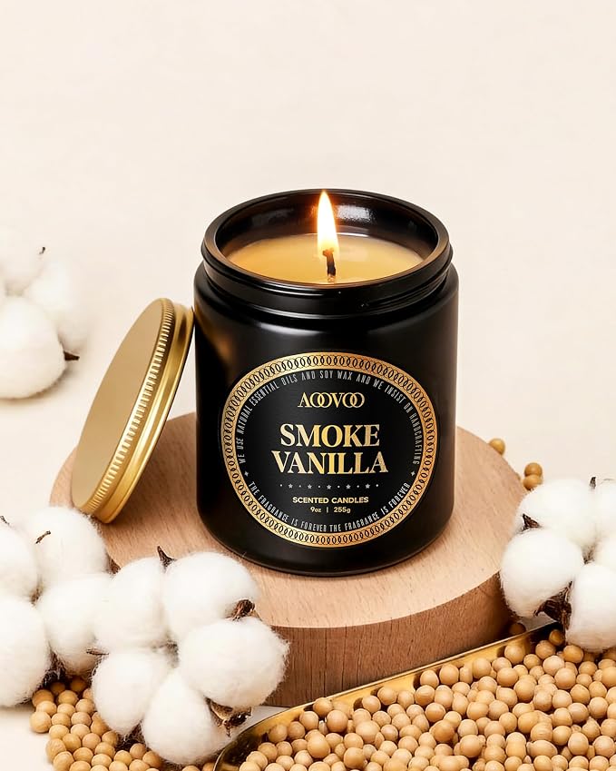AOOVOO Scented Candles for Men - Smoke & Vanilla Candles for Home Scented | Soy Candles | Strong Fragranced Masculine Black Candle Gift for Women & Men, 9oz