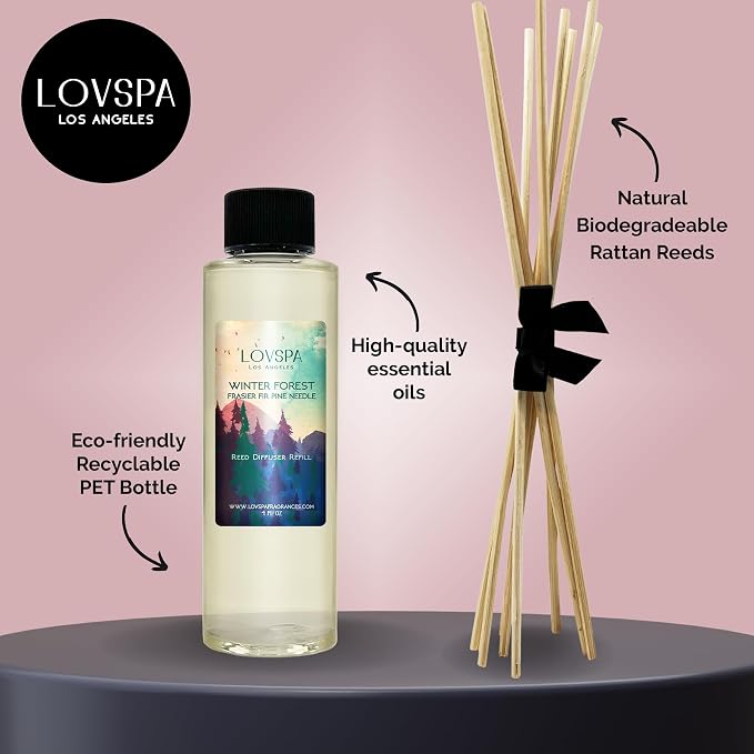 Winter Forest Reed Diffuser Oil Refill, 4 oz, Woody Fragrance, Aroma | Fir needles, juniper, and sandalwood profile, includes replacement reeds, entryway, living room, luxury home scent