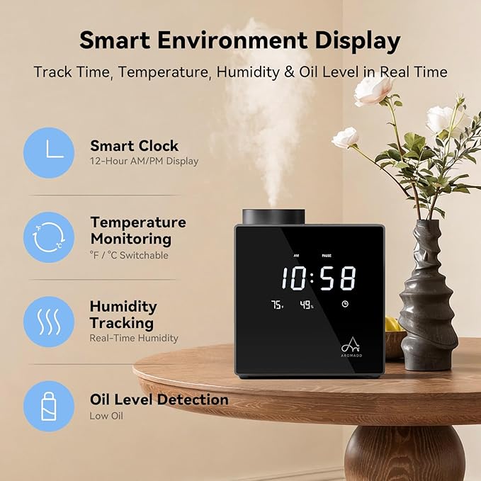 2026 Smart Waterless Diffuser, 2000 Sq.Ft Cold Air Scent Diffuser with Clock & Environmental Display | 7 Fragrance Levels, 9 Timer Settings, Hotel Collection Diffuser for Home & Large Rooms (Black)