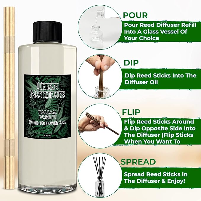 Urban Naturals Reed Diffuser Oil Refill Balsam Forest with Balsam Fir, Pine Needles, Evergreen, Cedar, Sandalwood 8 oz + Free Reed Sticks, Made in the USA