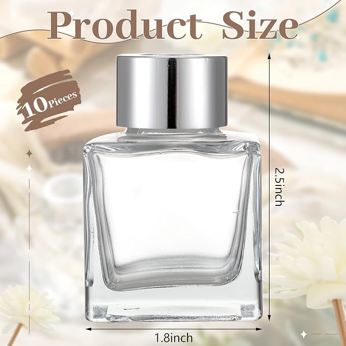 Sabary 10 Set Square Glass Diffuser Bottles with Silver Caps Refillable Diffuser Bottles Set 1.7oz Empty Aromatherapy Jar Ideal for Essential Oils Reed Sticks Home Fragrance