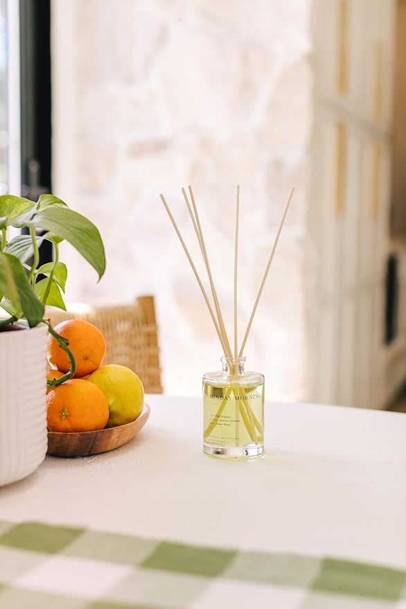 Brooklyn Candle Studio Reed Scent Diffuser - Sunday Morning - Relaxing Oil Diffuser, Pear, Jasmine & Amber Fragrance, 8 Rattan Diffuser Reeds, Clean Ingredients - 3.7oz