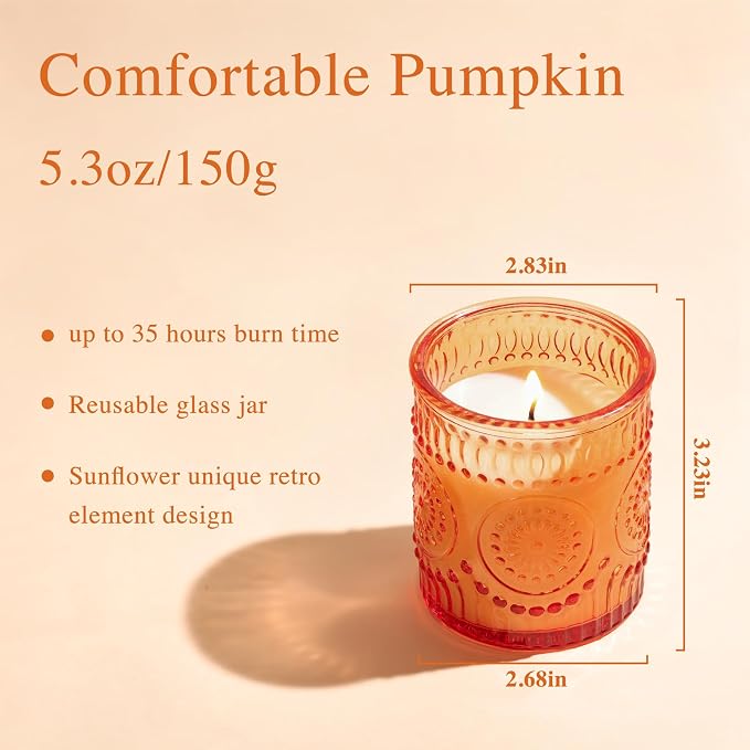 DARJEN Pumpkin Candles for Home- 5.3oz 35H Natural Soy Wax Aromatherapy Jar Candle with Strong Scent, Decorative Aesthetic Candles for Entryway, Living Room, Fall Obsession, Luxury Gift