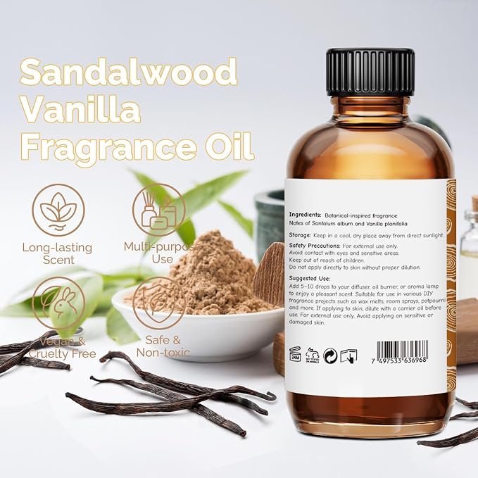 GM Gumili Sandalwood Vanilla Fragrance Oil 2 Oz, Natural Scent Oil for Home Essential Oils Diffuser, Candle Making, Soap Making, DIY Body Oils, Perfume, Body Mist, Spray - Sweet Woody Scent