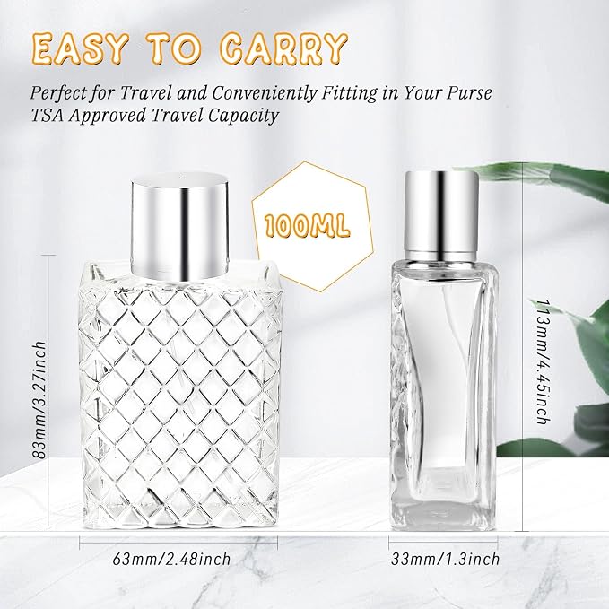 Refillable Spray Perfume Bottles,6 Pack 100ml Glass Fine Mist Spray Bottle,Empty Travel Square Clear Glass Replacement Container Dispensers for Essential Oil,Cologne-Funnels,Pipette Included