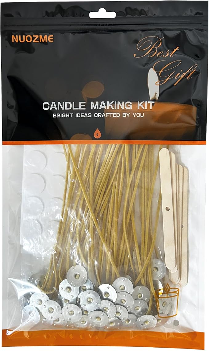 50 Pcs 8" Natural Candle Wicks,Pre-Waxed by Natural Beeswax & Tabbed with 60Pcs Candle Wick Stickers and 5 Pcs Wooden Candle Wick Centering Device, for Candle Making，Candle DIY