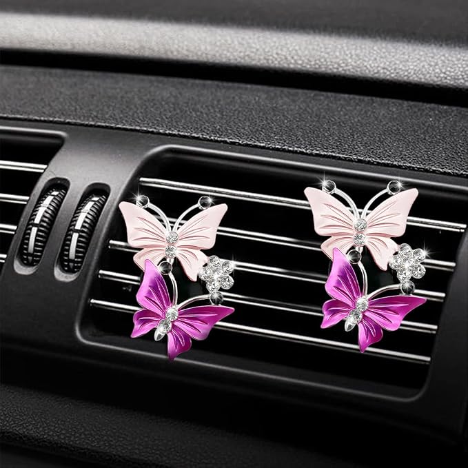 1PC Car Air Fresheners Vent Clips, Cute Dual Butterfly Diamond Rhinestone Car Vent Clip, Air Outlet Perfume Diffuser, Sparkly Bling Car Interior Decoration Accessories for Girls Women (Pink)