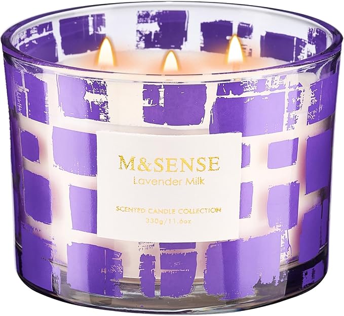 M&SENSE 3 Wick Lavender Milk Scented Candle,11.6oz Natural Soy Wax Non Toxic for Home, Up to 60 Hours Burn time,Fall Decorations for Home,Stress Relief Candles for Women/Men