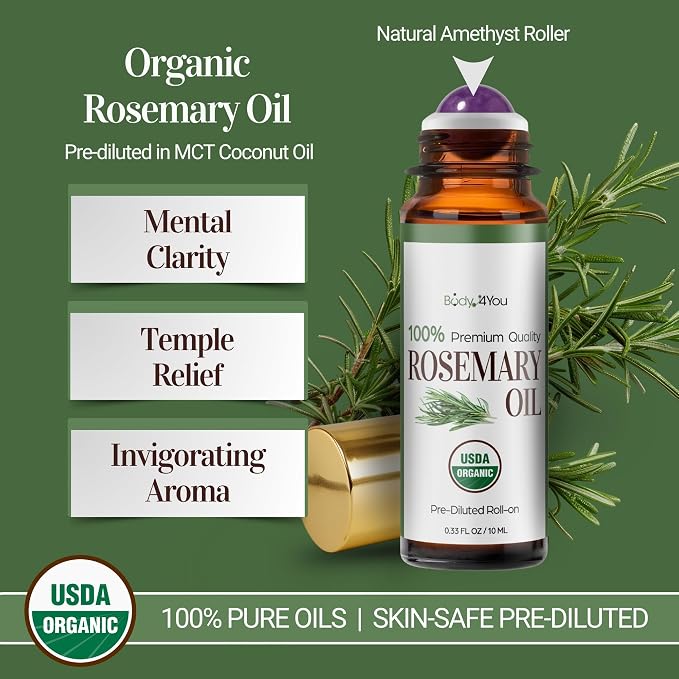 BodyJ4You Rosemary + Peppermint Essential Oil Roll On Duo - Pure 100% USDA Organic MCT Coconut Oil - Amethyst and Clear Quartz Stone Rollers - Scalp Care Focus Cooling Temples Neck Roots - Amber Glass