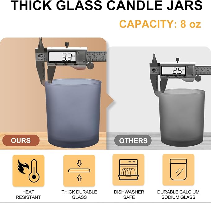 SHOWIN 8 OZ Thick Candle Jars for Making Candles 15 Pcs, Empty Jars with Wood Lids for Candle Making, Sample Container, Frosted Grey
