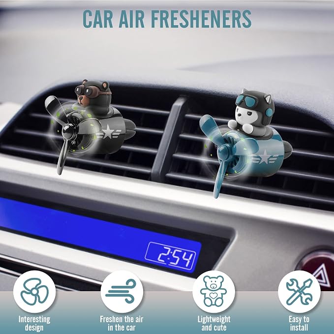 2pcs Bear Pilot Car Air Fresheners Cute Cartoon Automotive Air Outlet Propeller Car Diffuser Creative Car Perfume Decoration for Car Vent Clips for Women Men Cool Car Accessories (Bear + Teddy Bear)