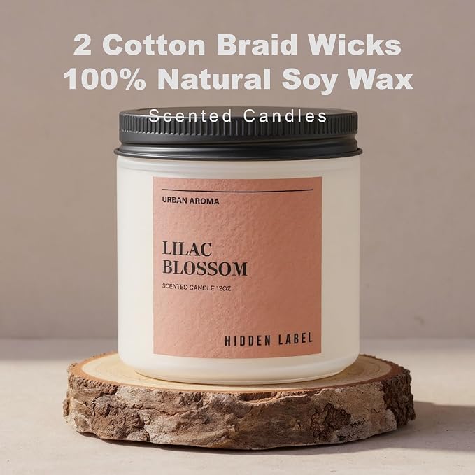 Hidden Label Lilac Blossom Soy Candle, 12oz 2-Wick, 70H Floral Aromatherapy | 100% Natural Wax, Paraben & Phthalate-Free, Clean-Burning | Elegant Decor, Gift-Ready for Spring | Stress Relief & Calming