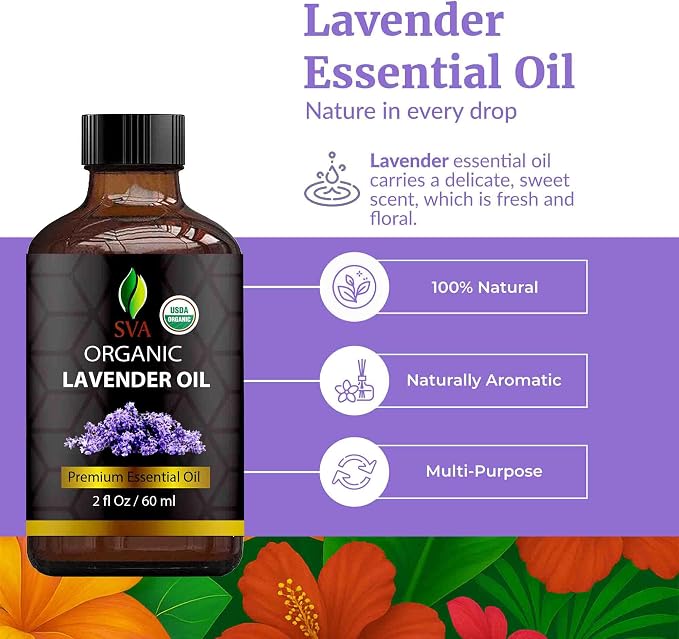 SVA Lavender Essential Oil Organic – 2 Fl Oz – 100% Natural Organic Lavender Oil - for Diffuser, Hair, Face, Skin Care, Aromatherapy, Scalp and Body Massage, Soap and Candle Making - with Dropper