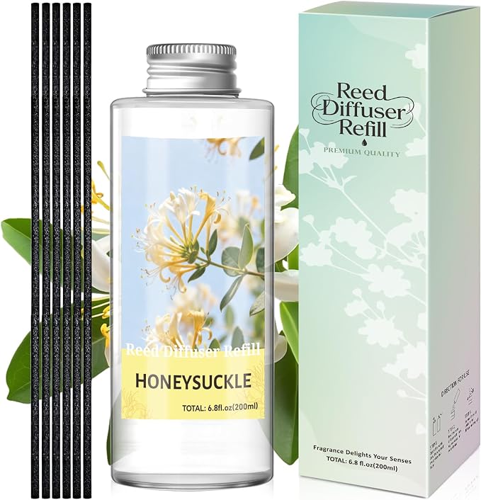 STRN Reed Diffuser Oil Refill, Honeysuckle Scented Diffuser Oil Refills with 6 Reed Sticks 200ML(6.8fl.oz), Room Fresheners for Home, Long-Lasting Summer Fragrance for Living Room, Bedroom, Office