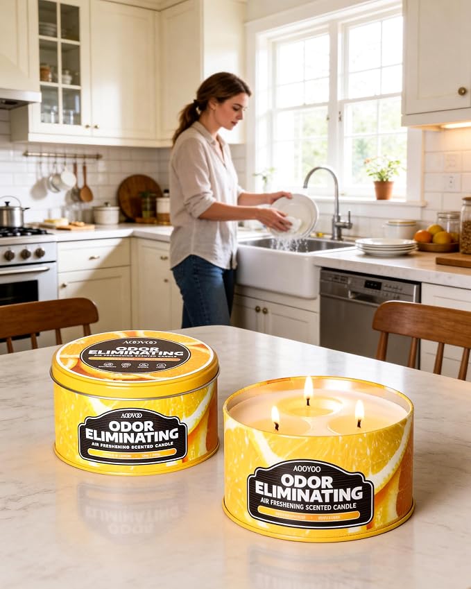 AOOVOO Citrus Lemon Odor Eliminating Candle - 3 Wick 12oz Long Lasting Highly Fragranced Candle, Eliminates 95% of Smoke, Food, Pet and Other Smells Quickly, Large Air Freshing Soy Candles