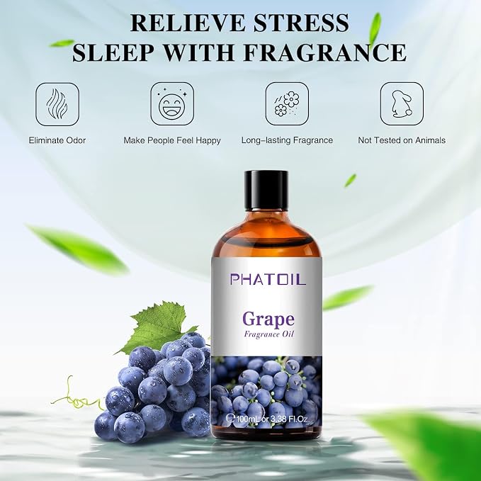 PHATOIL 3.38FL.OZ Grape Fragrance Oils for Aromatherapy, Essential Oils for Diffusers for Home, Perfect for Diffuser, Yoga, Skin Care, DIY Candle and Soap Making - 100ml
