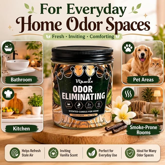 9 oz Vanilla Bean Odor Eliminating Candles for Home Scented, Eliminates 99% of Pet, Smoke, Food and Other Smells Quickly, Highly Fragranced Candle, Premium Soy Candles Set for Women