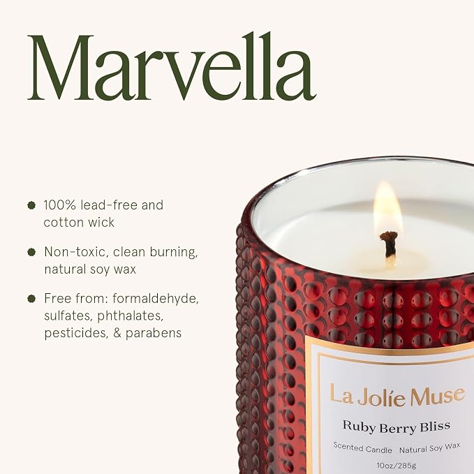 LA JOLIE MUSE Ruby Berry Bliss Scented Candle| Mandarin, Cranberry & Plum | 10 oz Festive Candle | 55 Hours Clean Burn | Gift for Hosts & Gathering | Elegant Home Decor