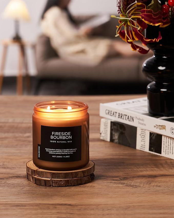 M&SENSE Fireside Bourbon Candles Home Scented, Non Toxic Soy Wax 11.6oz 70 Hours Long Clean Burning, 2 Wick Campfire Candle Cozy Winter Home Decor, Housewarming Gifts for Women Men
