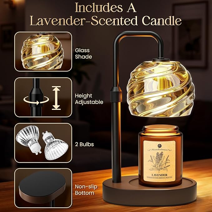 WarmEmbrace Candle Warmer Lamp with Lavender Candle Set, Electric Wax Warmer Lamp with Auto Timer & 4 Dimmable Lights, Adjustable Height for Jar Candles, ElegantValentines Day Gift for Women, Black